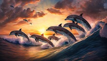 A Painting Of Three Dolphins Jumping Out Of The Water At Sunset With A Flock Of Seagulls In The Background And The Sun Setting Behind Them.  Generative Ai