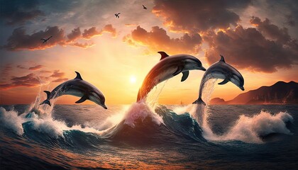  three dolphins jumping out of the water at sunset with a bird in the sky above them and a boat in the water below them with a bird in the water.  generative ai