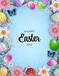 easter poster with flowers and colorful eggs. happy easter background
