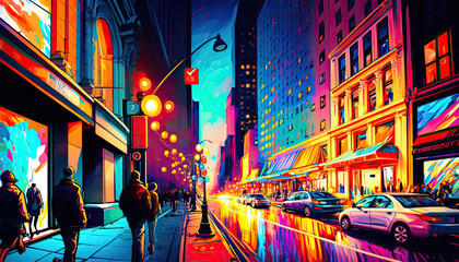 Wall Mural - vibrant city street at night. Generative AI image.