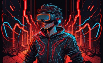 Canvas Print - A raster illustration of a man wearing virtual reality goggles. Artwork background cyberpunk, metaverse, cyberspace, virtual reality, gaming, neon blue and red lights, futuristic technology, wiring