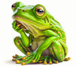 A deeply thoughtful green frog, ideal for a friendly and welcoming mascot. White background allows for a variety of graphic uses. Generative AI