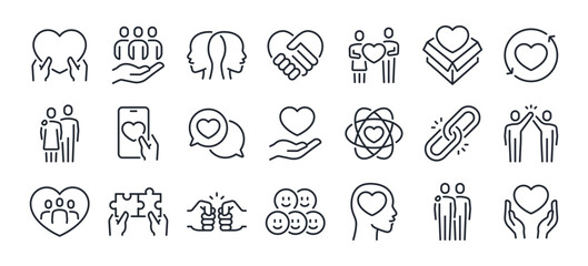 love, friendship, care and charity concept editable stroke outline icons set isolated on white backg