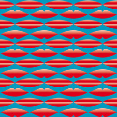 Wall Mural - seamless geometric pattern with the red mouth on blue background, symbol of love