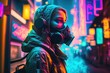 A girl wearing a hoodie with headphones and a gas mask in a colorful cyberpunk neon city, generative ai