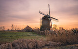 Wiatrak o wschodzie słońca, krajobraz z wiatrakiem, idylliczny obrazek przedstawiający holenderską wieś, światło słoneczne, pięknie zabarwione niebo, mały domek gospodarczy, trzciny. 