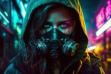 A Woman In A Hoodie And A Gas Mask Standing In A Colorful Neon City At Night, Generative Ai