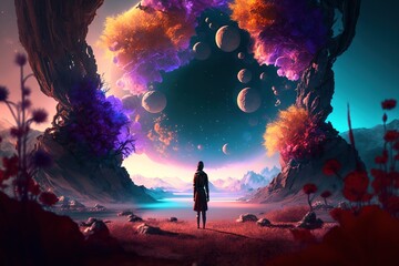 Wall Mural - a silhouette standing on a colorful fantasy planet looking at the horizon with a starry cosmos sky w
