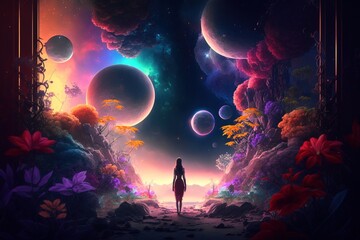 A silhouette of a woman standing on a tropical planet and gazing at the colorful galactic neon sky and different planets, generative ai