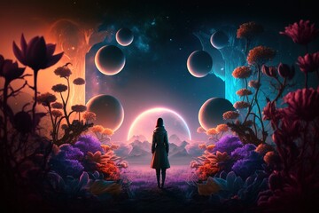 Wall Mural - a silhouette of a woman standing on a fantastical, colorful planet and gazing up at the vibrant sky 