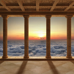 Wall Mural - Antique colonnade on a background of evening sunset on sea