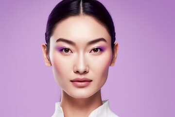 Beautiful asian model with luminose skin on colored background created with ai generative tools