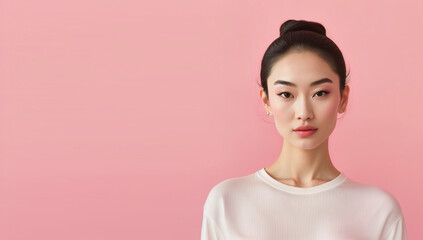 Wall Mural - Beautiful asian model with luminose skin on colored background created with ai generative tools