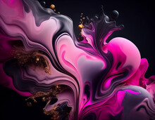 Abstract Fluid Art Background Black And Pink Colors. Liquid Marble. Alcohol Ink Backdrop With Wavy Pattern. Generative AI.