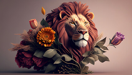 lion huge bouquet flowers background generative AI