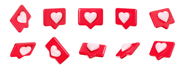 Poster - speech bubble with heart 3d render icon set - red love message or social media like notifications.