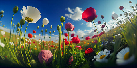 Wall Mural - Bottom shot of blooming poppies. Wildflowers on a green meadow. Spring, seasonal background. Blue sky with white clouds. Soft natural light. Ultra wide angle of landscape. Moody light. Generative AI.