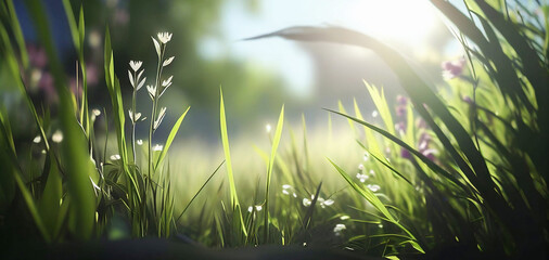 Wall Mural - Lit meadow in the morning. View from the bottom towards the raising sun through a tall grass. Horizontal shot. Spring weather with plants. Seasonal background. Moody natural light. Generative AI.