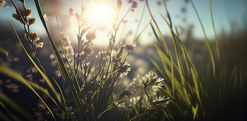 Wall Mural - Lit meadow in the morning. View from the bottom towards the raising sun through a tall grass. Horizontal shot. Spring weather with plants. Seasonal background. Moody natural light. Generative AI.