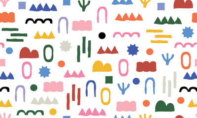 Wall Mural - abstract organic shape seamless pattern with colorful geometric doodles. flat cartoon background, si