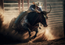 Bucking Bull Riding In The Dusty Arena Of A Country Rodeo, Generative Ai