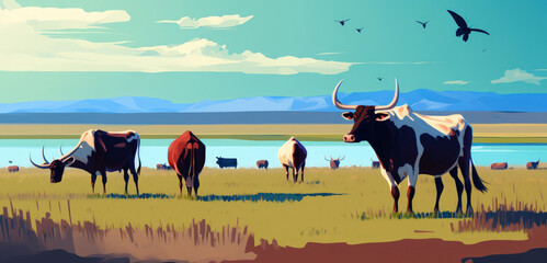 Wall Mural - The cattle on the Hulunbuir summer grassland. Generative AI