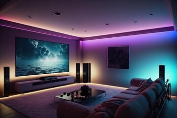 Home cinema, living room with colored LED lighting - Smart home. AI