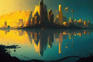 Wall Mural - City landscape on the horizon near the mirror lake. Generative ai.