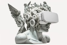 Statue Of A Greek God Wearing Virtual Reality Glasses. Generative Ai.