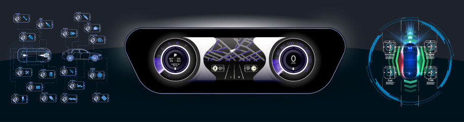 Poster - The concept car instrument panel, red backlight and a additional display settings of the car. Vector illustration.