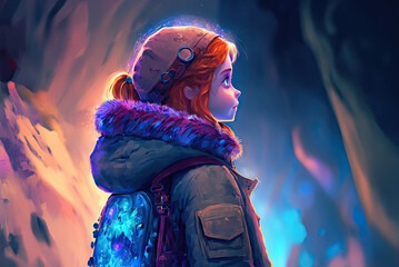 Wall Mural - a painting of a girl with red hair and a fur collar with a glowing backpack