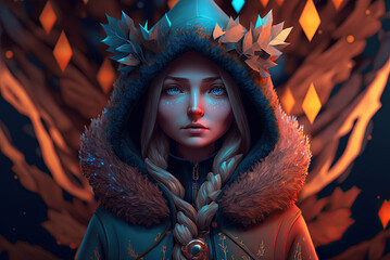 Wall Mural - a digital painting of a woman wearing a hoodie with leaf shapes