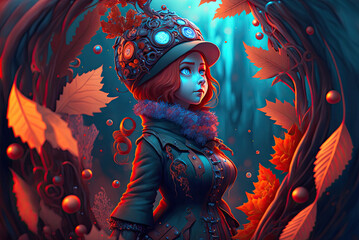Wall Mural - a painting of a girl with red hair, and blue eyes wearing a hat and coat surrounded by leaves