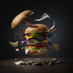 Wall Mural - Dismantled burger floating in the air. Generative AI.