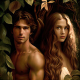 Fototapeta  - man, woman and the forbidden apple, Adam & Eve concept, artists conceptualization, ai generated