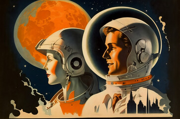 Wall Mural - vintage retro style space, science fiction poster. astronaut in space. generative ai