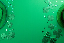 Image Of Green Hats, Clover And Copy Space On Green Background