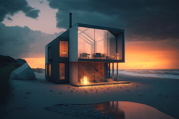 Wall Mural - Small luxury modern beach house. Beach house. generative ai. Modern architecture. Villa by the sea