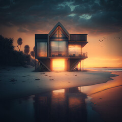 Wall Mural - Small luxury modern beach house. Beach house. generative ai. Modern architecture. Villa by the sea