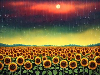 Wall Mural - beautiful field of sunflowers illustrative landscape - generative ai image