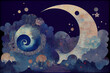 Relaxing surreal spiral moon illustration sleep dreaming dreams dreamy restful calm peaceful night goodnight crescent moon sweet starry night sky Mixed Media style collage art (generative AI, AI)