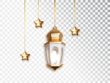 Ramadan Lantern And Star Hanging 3d Decorations. Realistic Islamic Object Collection Isolated. Arabic Shining Lamp.