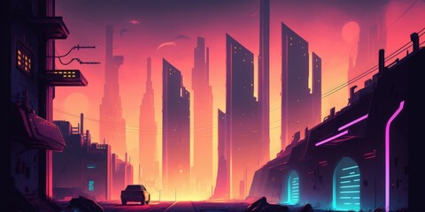 In a futuristic metropolis, an industrial area. Bright future. Cyberpunk inspired wallcoverings. Grungy cityscape with enormous futuristic structures and dazzling neon lights. illustration. Generative