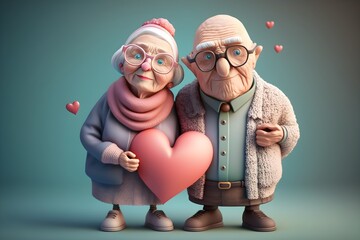 Wall Mural - Illustration of a cute couple of old people in love, valentines day concept. Generative AI.