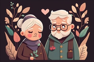 Wall Mural - Illustration of a cute couple of old people in love, valentines day concept. Generative AI.