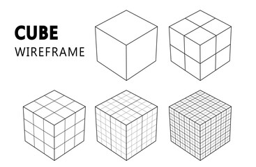 Wireframe cube in differenr resolution PNG. Connection Structure. Futuristic digital technology. Vector Illustration.
