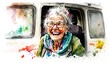 laughing woman in front of her van, good quality of life in old age, fun and freedom, people art, watercolor painting. Generative AI