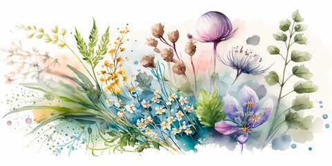 Floral horizontal banner with abstract blue flowers, plants, grasses. Watercolor llustration on a white background, summer spring time, generative AI