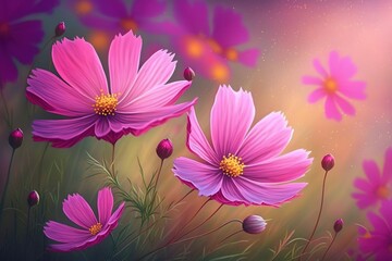 Sticker - Stunning spring and summer floral natural background. Cosmos blooms in grass outdoors, close up and in the wild, are pink and magenta. selected soft focus. Generative AI