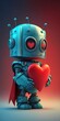© 2rogan - Love and technology concept. Cute little robot embracing red heart, blue panorama background with free space. Generative AI